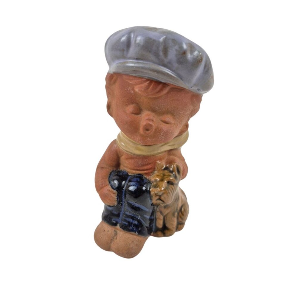 Vintage Figurine Stoneware Boy Dog Cap Hand Painted Collectible Decor